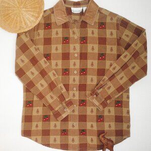 Vintage Casey & Max 1990s Brown Buffalo Check w/ Tree Embroidered 90's Shirt M